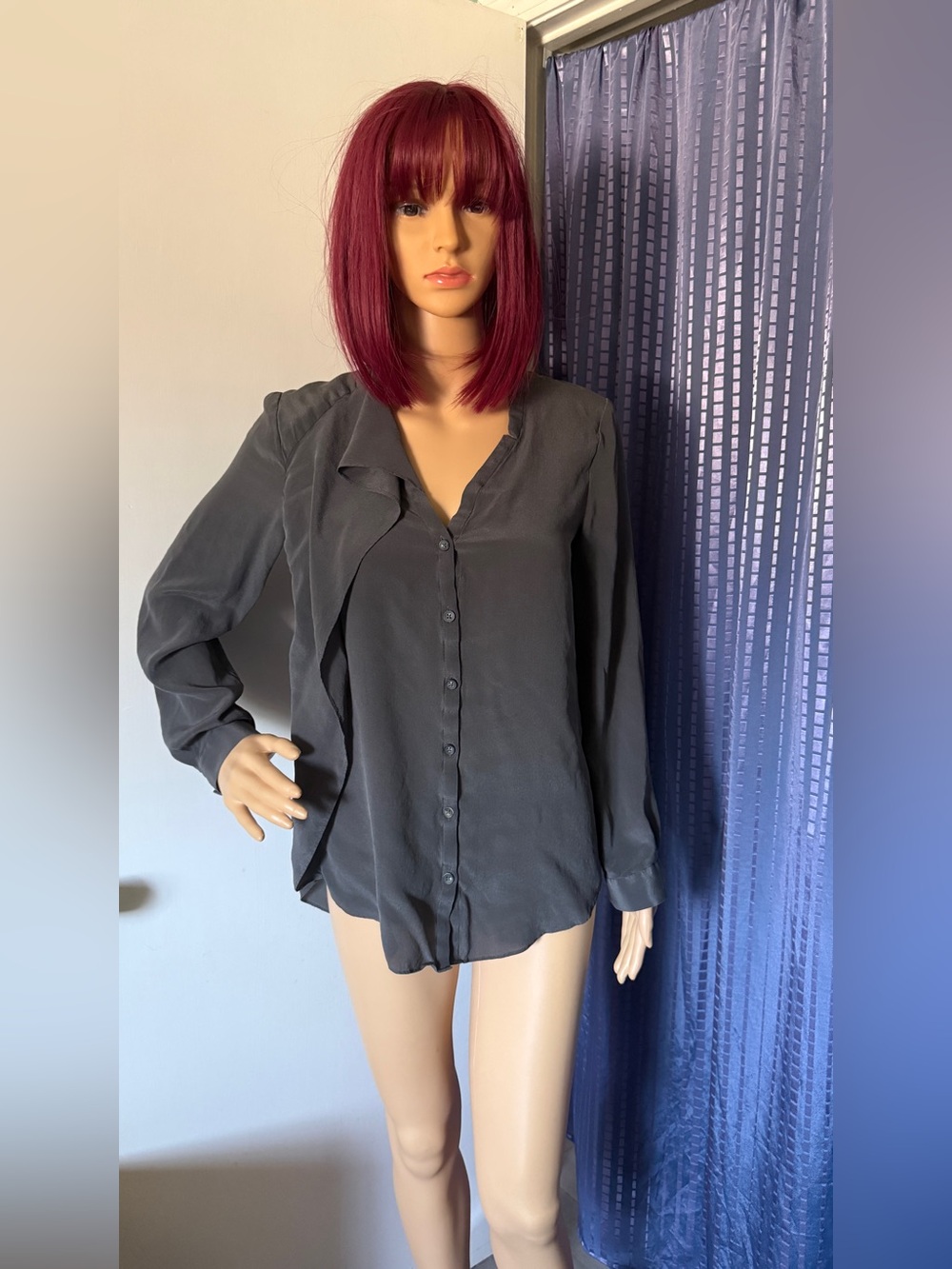 AllSaints Spitalfields 100% Silk Gray Asymmetric Blouse Shirt UK12 US8 EU40
